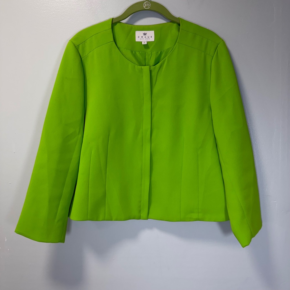 Chaus New York Womens Lime Green Collarless Full Zip Blazer Jacket Size 10
